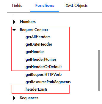 This image shows the Functions section of the Expression Editor with six HTTPS header functions under the Request context section.