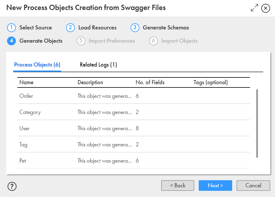 The image shows the Generate Objects tab with the process object details.