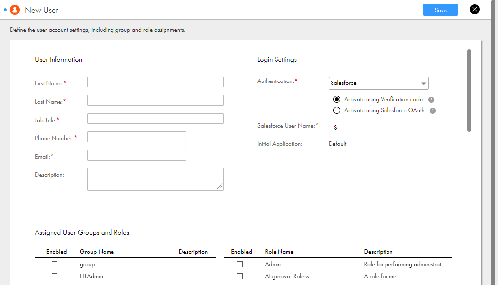 This image shows the authentication set to Salesforce in the New User page.