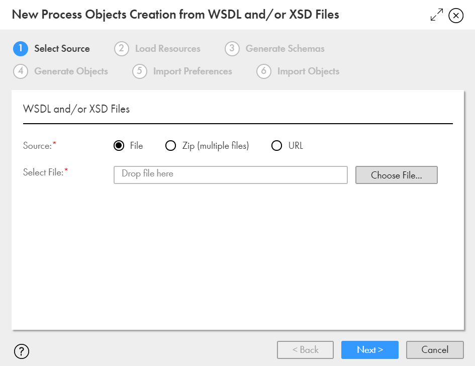 The image shows the New Objects Process Creation from WSDL and/or XSD Files dialog box.