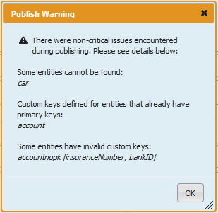 This images shows a warning stating that some entities cannot be found, some entities have invalid custom keys, and that some entities already have primary keys