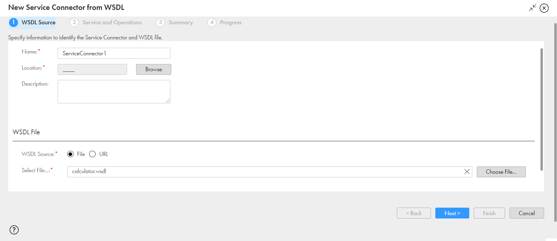 The image shows the WSDL Source tab in the New Service Connector from WSDL dialog box.