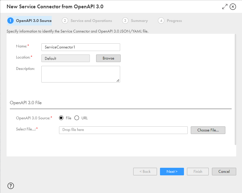 The image shows the OpenAPI 3.0 Source tab in the New Service Connector from OpenAPI 3.0 dialog box.