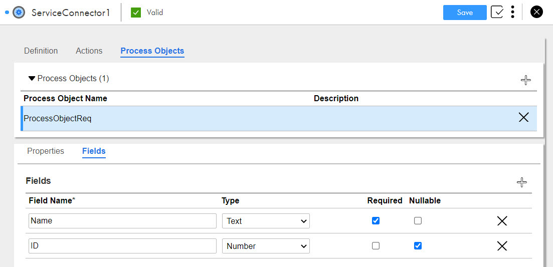 The image shows the required and nullable fields selection from the imported WSDL file.