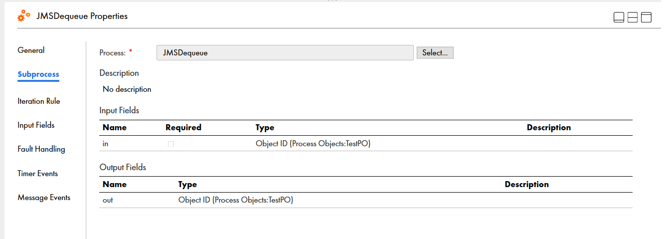 You can view the input and output associated fields for the JMS Dequeue subprocess.