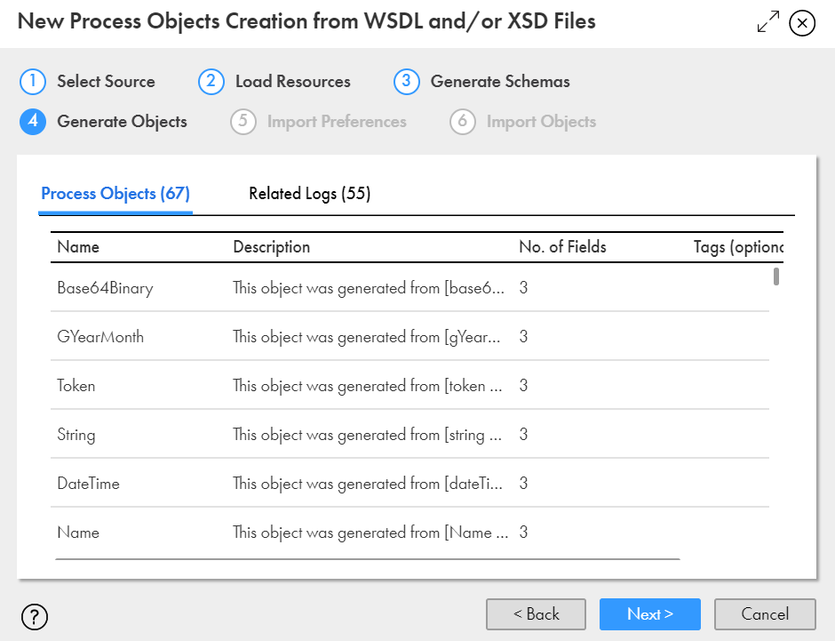 The image shows the Generate Objects tab with the process object details.