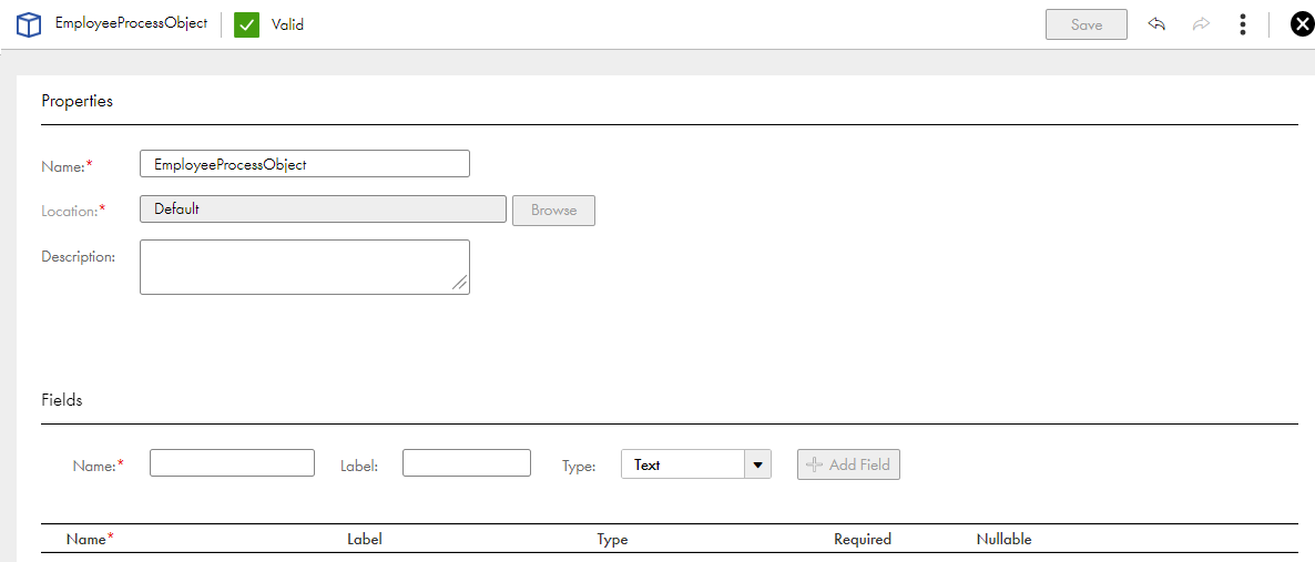 The image shows the process object editor.