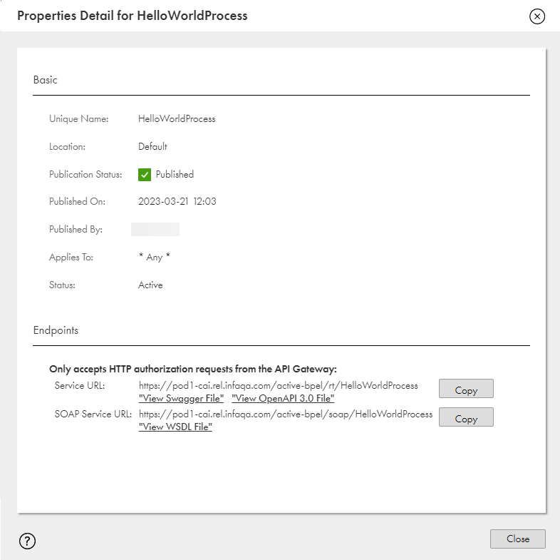 The image shows the generated service URLs, Swagger file, OpenAPI 3.0 file, and WSDL file.