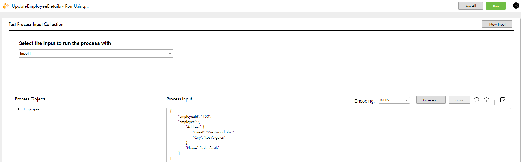 The image shows the Test Process Input Collection page.