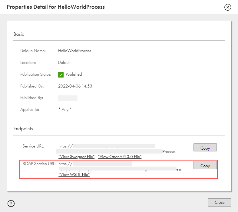 The image shows the SOAP Service URL.