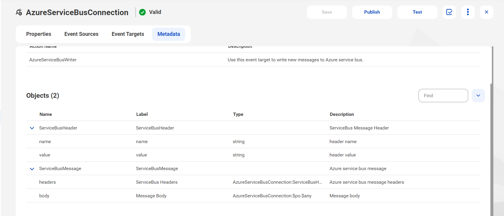 This image shows the Metadata tab for a published Azure Service Bus connection.