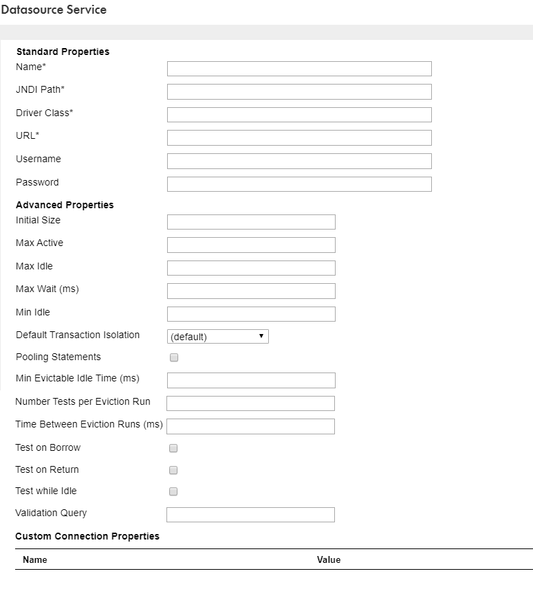 The Datasource Service window with a list of properties to configure.