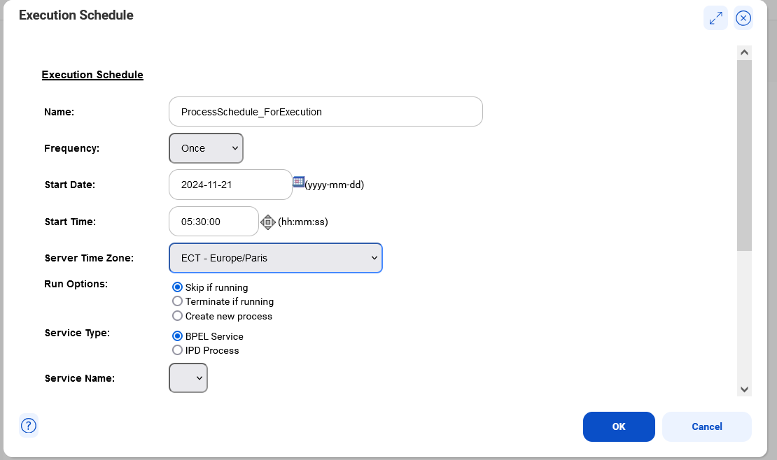 The Execution Schedule dialog box that you use set process schedule properties.