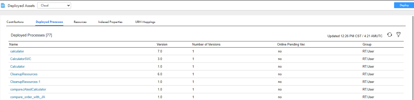 The image shows a list of processes deployed to the cloud with their name, version, group, and tenant details.