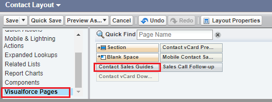 This image shows the Contact Layout page. Visualforce Pages is selected and you have the option to add sections or guides.