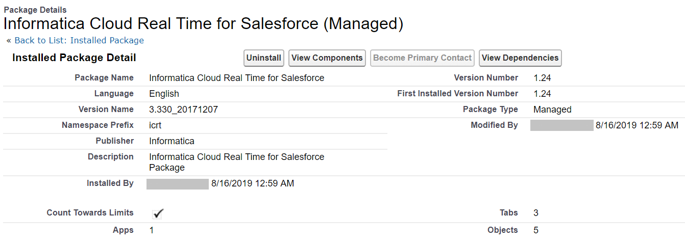 The image shows details of the Salesforce managed package with the option to uninstall the package.