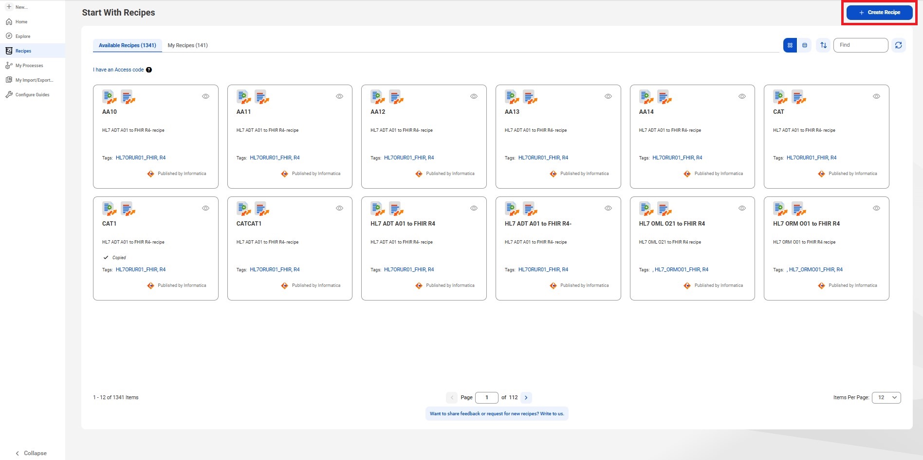 Click the Create Recipe button on the top right corner of the page to create a recipe.