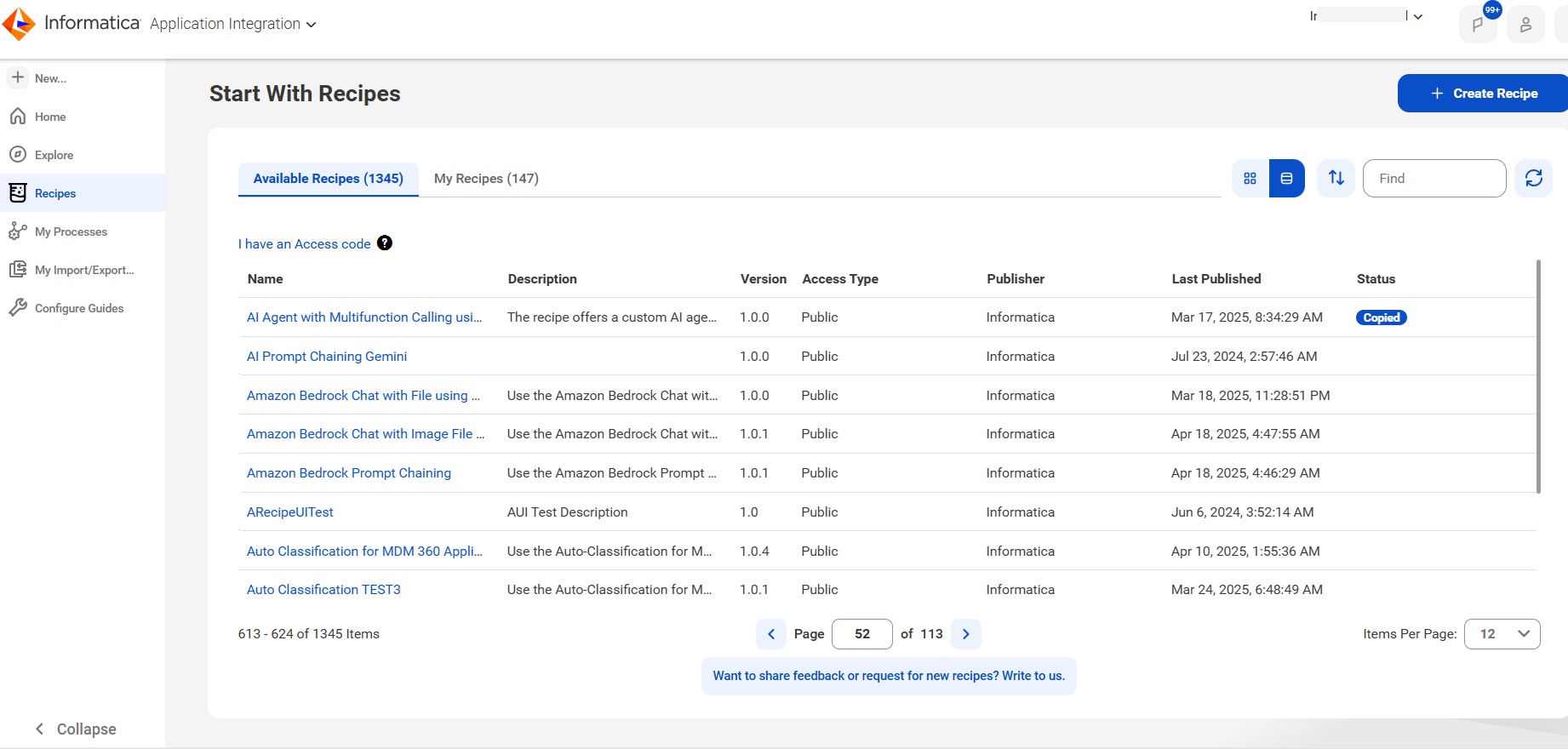 The Available Recipes tab displays the recipes in table view.