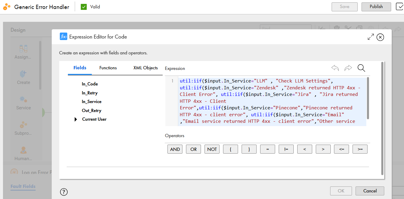 This image shows the formula that include In_Service input field to identify the service returning the error code, alongside the appropriate error message.