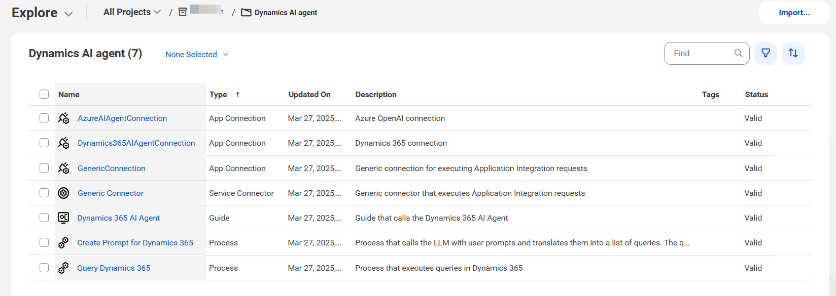 The image shows the assets that the AI Agent for Dynamics 365 using Azure OpenAI recipe package contains.