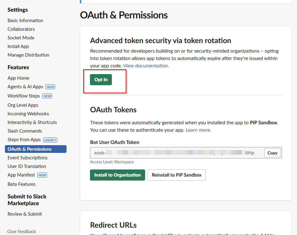 The image shows the Opt In option on the OAuth & Permissions page.