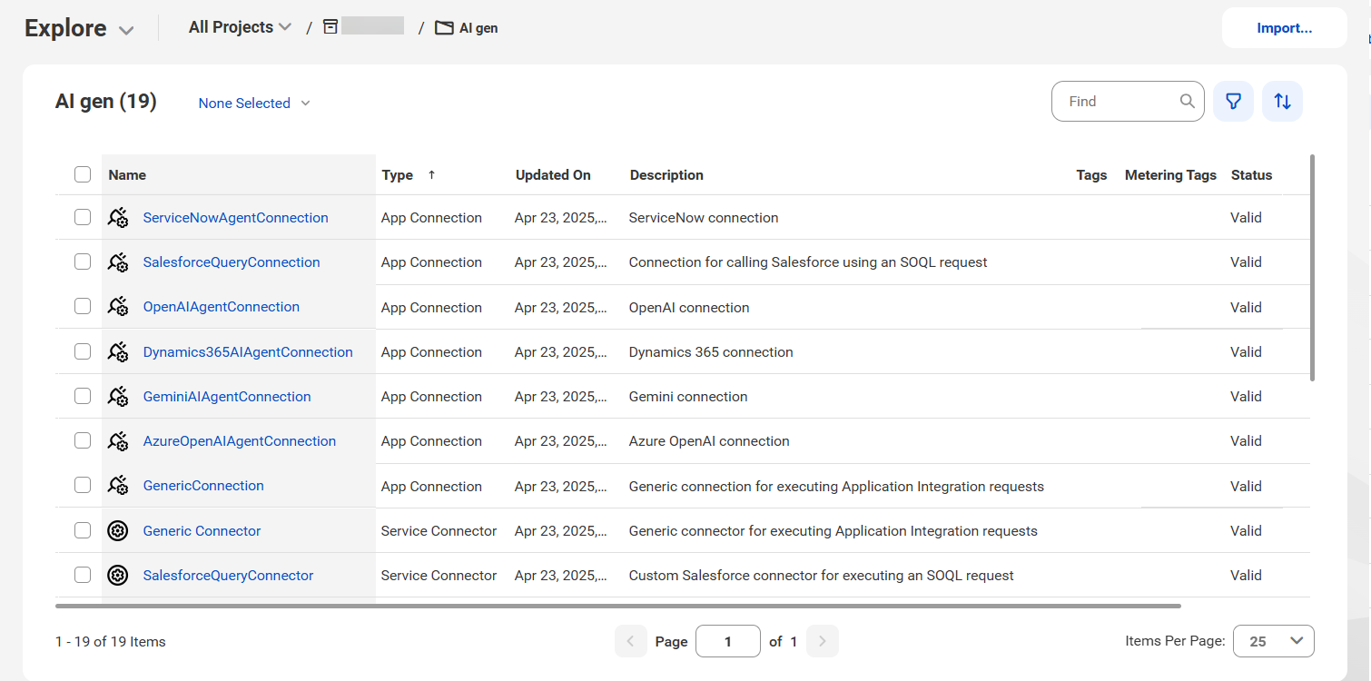 The image shows the assets that the AI Agent for Multiple Business Services Interaction recipe package contains.