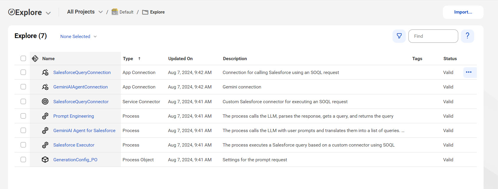 The image shows the assets that the AI Agent for Salesforce using Google Gemini recipe package contains.