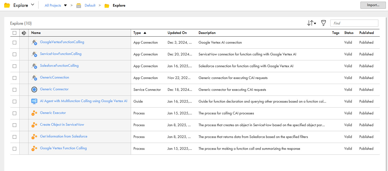 The image shows the assets that the AI Agent with Multifunction Calling using Google Vertex AI recipe package contains. The image shows the assets that the AI Agent with Multifunction Calling using Google Vertex AI recipe package contains.