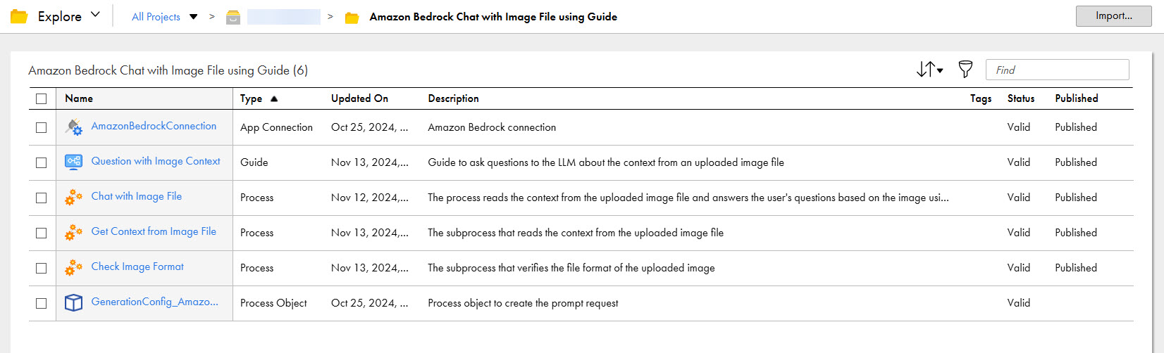 The image shows the assets that the Amazon Bedrock Chat with Image File using Guide recipe package contains.