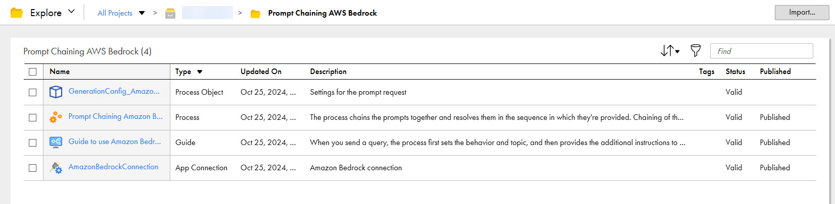 The image shows the assets that the Amazon Bedrock Prompt Chaining recipe package contains.