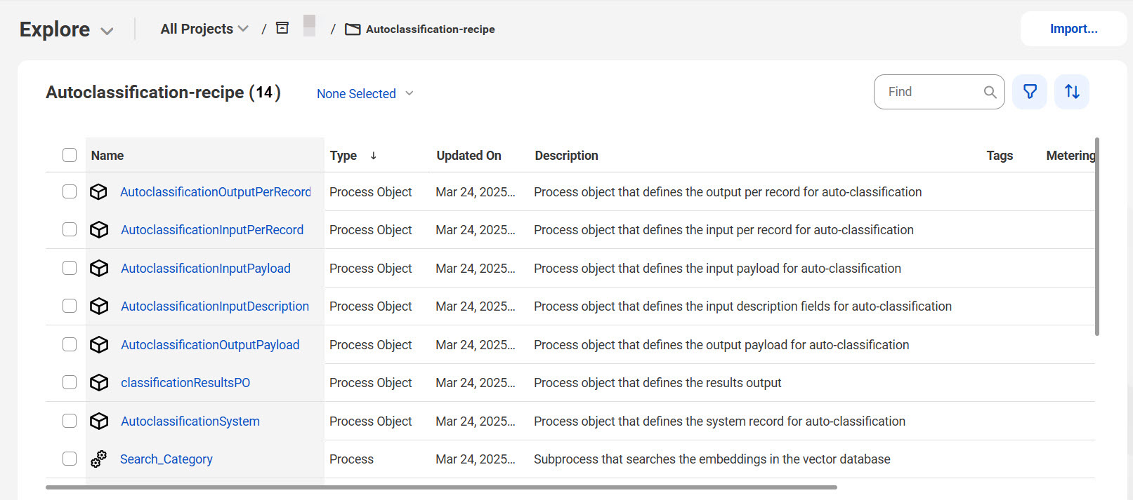 The image shows the assets that the Auto Classification for MDM 360 Applications recipe package contains. The image shows the assets that the Auto Classification for MDM 360 Applications recipe package contains.