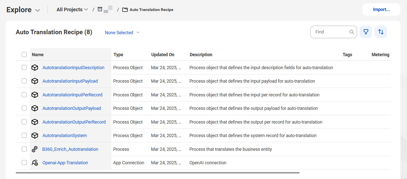 The image shows the assets that the Auto Translation for MDM 360 Applications recipe package contains.