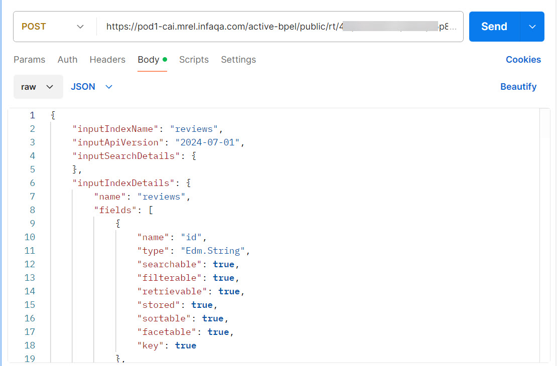 The image shows the HTTP verb, REST service URL and the request payload.