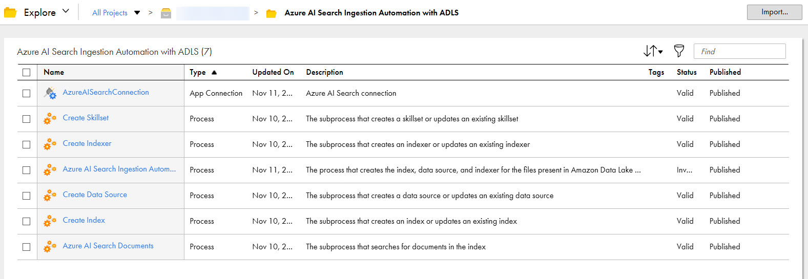 The image shows the assets that the Azure AI Search Ingestion Automation with ADLS recipe package contains.