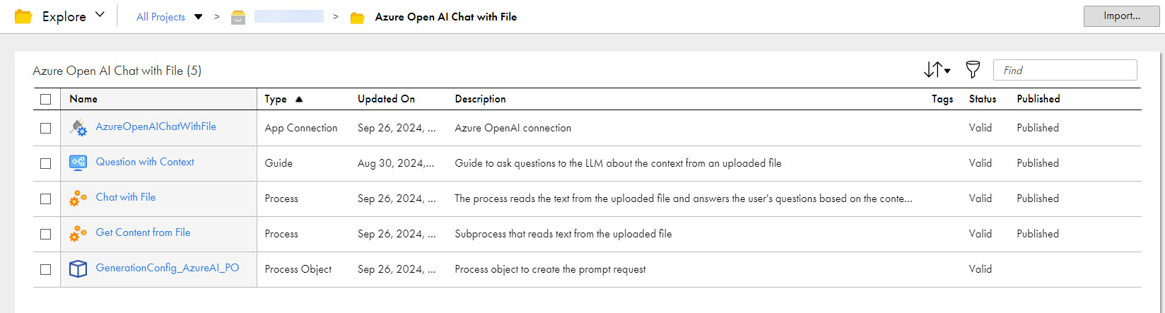 The image shows the assets that the Azure OpenAI Chat with File using Guide recipe package contains.