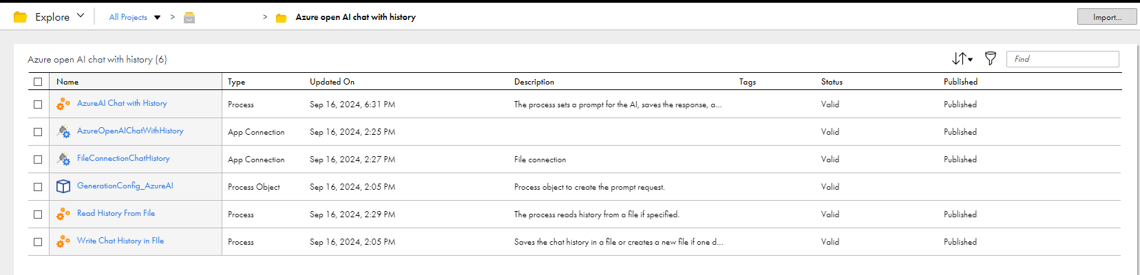 The image shows the assets that the Azure OpenAI Chat with History recipe package contains.