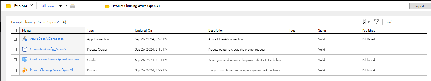 The image shows the assets that the Azure OpenAI Prompt Chaining recipe package contains.