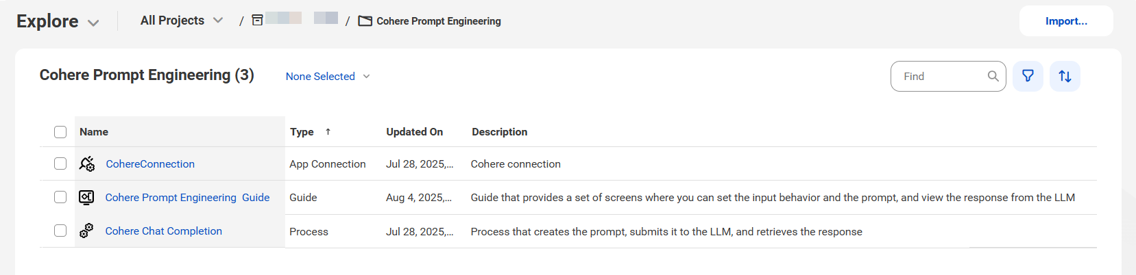 The image shows the assets that the Cohere Prompt Engineering recipe package contains.