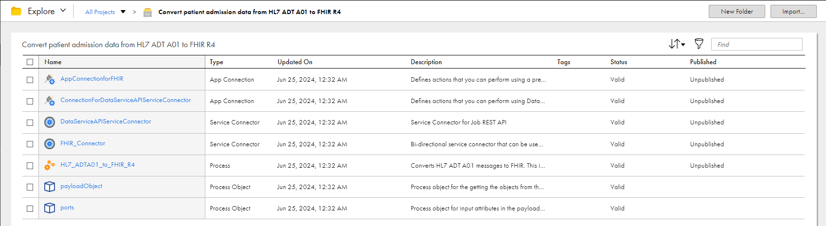 The assets include a payload process object, ports process object, data service API app connection, FHIR app connection, FHIR service connector, data service API service connector, and HL7 2.x to FHIR R4 process.