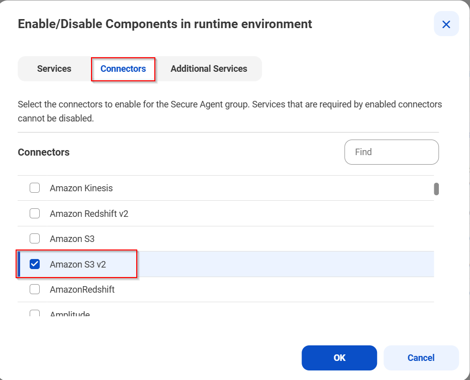 The image shows the Amazon S3 v2 connector option on the Administrator page.