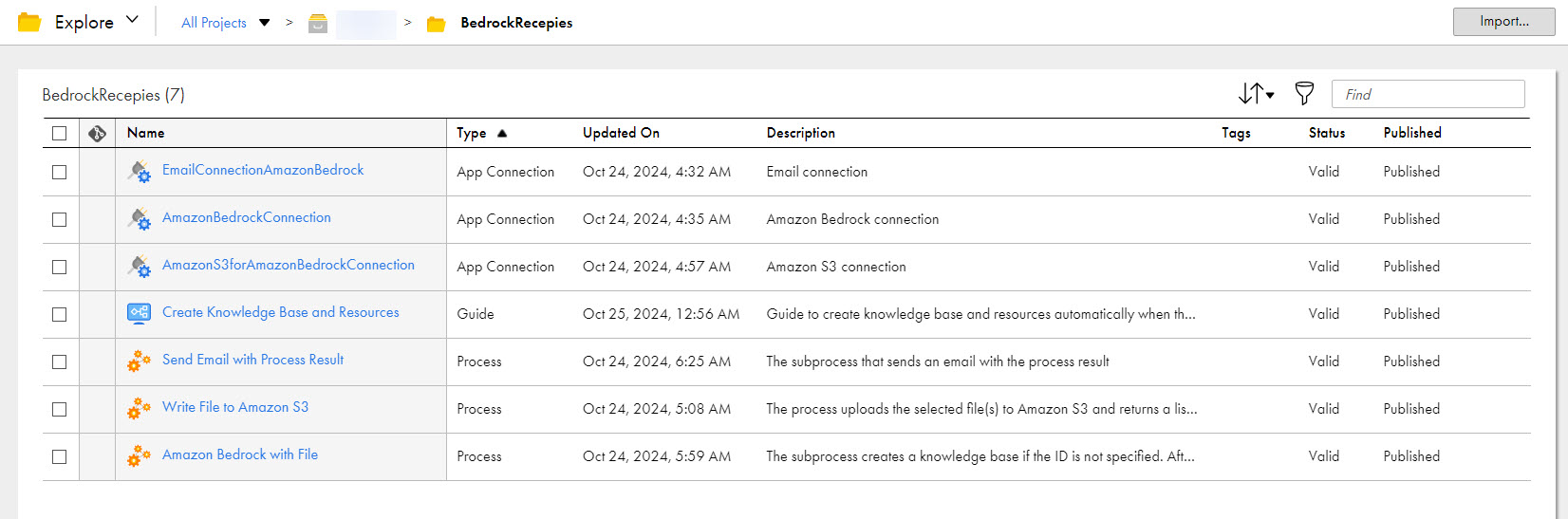 The image shows the assets that the Create Amazon Bedrock Knowledge Base and Data Source using Guide recipe package contains.