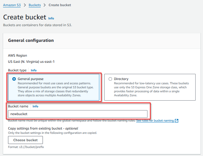 The image shows the bucket name field on the Create bucket page.