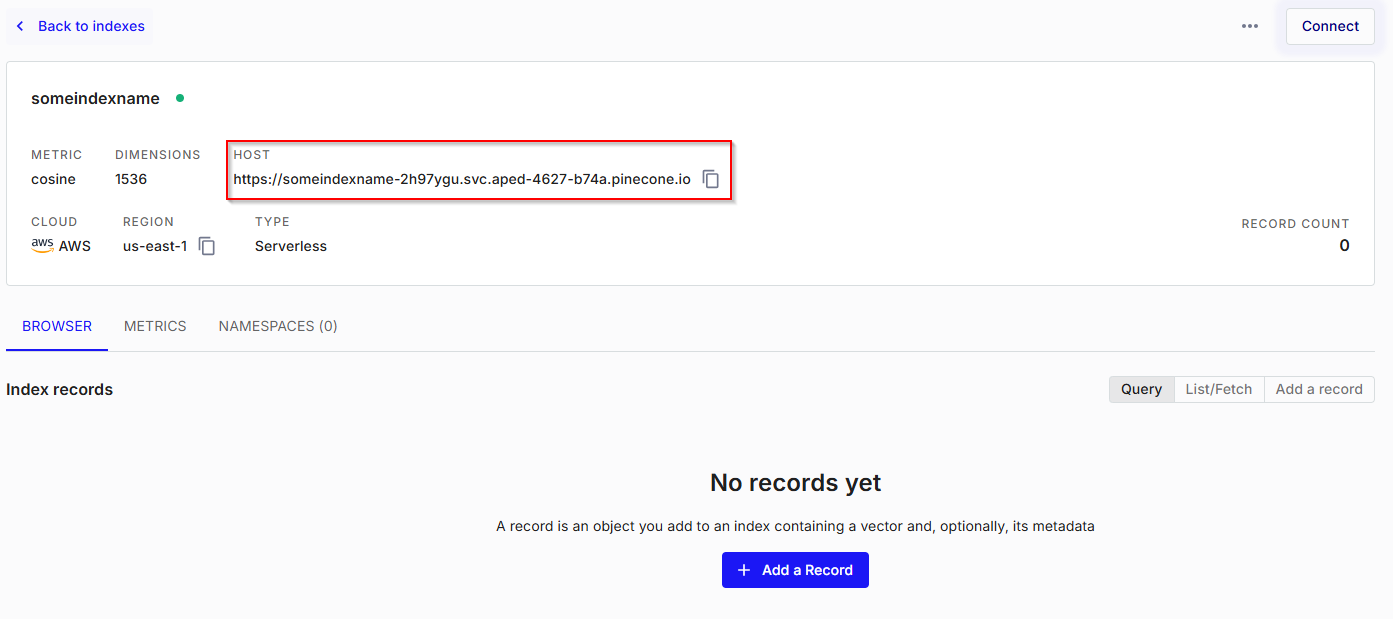 The image shows the Pinecone index host value.