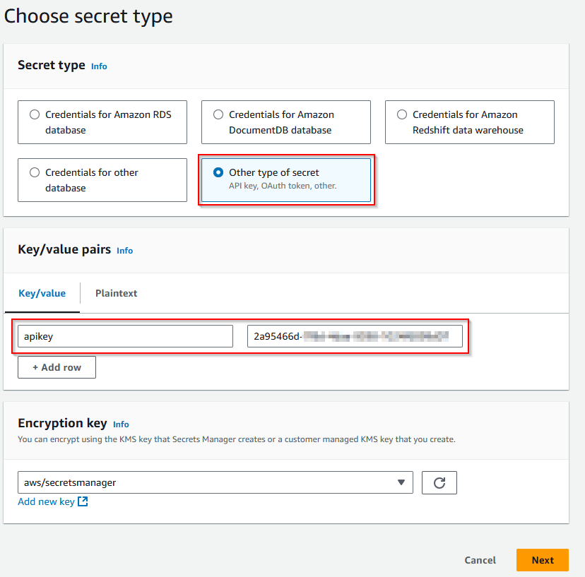 The image shows the secret type and the API Key value on the Choose secret type page.