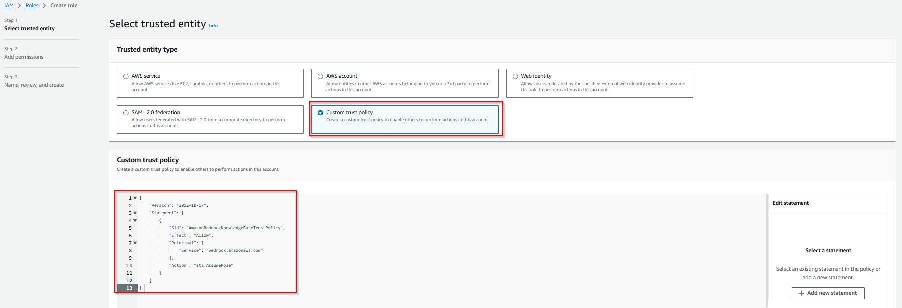 The image shows the trusted entity type and snippet to configure the custom trust policy on the Select trusted entity page.