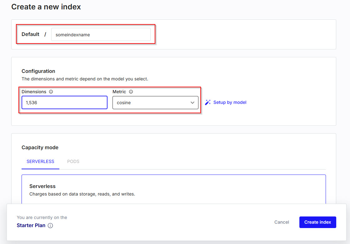 The image shows the Create a new index page in Pinecone.