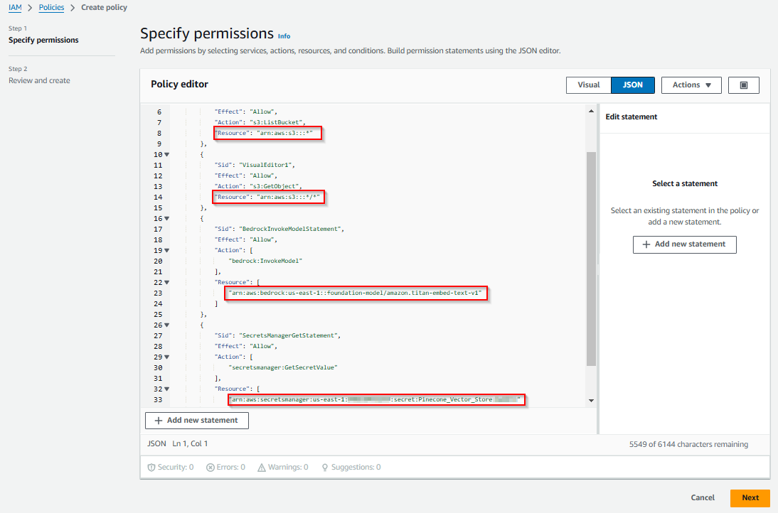 The image shows the secret ARN, policy name, and model ID in the Policy editor on the Specify permissions page.