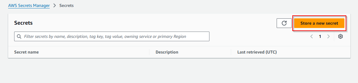 The image shows the Store a new secret button on the AWS Secrets Manager page.