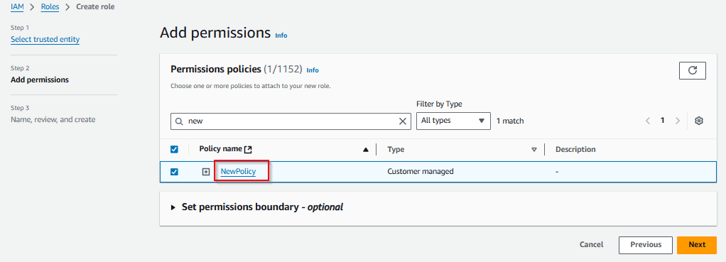 The image shows the policy name on the Add permissions page.