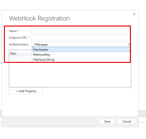 The image shows the WebHook Registration dialog box.